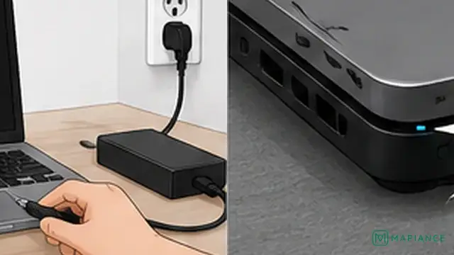 Person pressing a laptop power button and checking for lights, keyboard backlight, or fan activity.