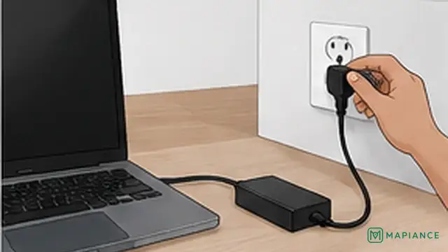 Person checking a laptop charger, wall outlet, and charging connection before trying to power on.