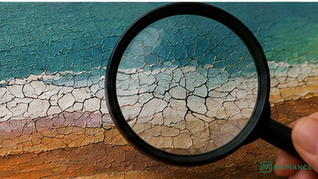 Artist inspecting cracked acrylic paint on canvas to check whether the paint is still firmly attached.