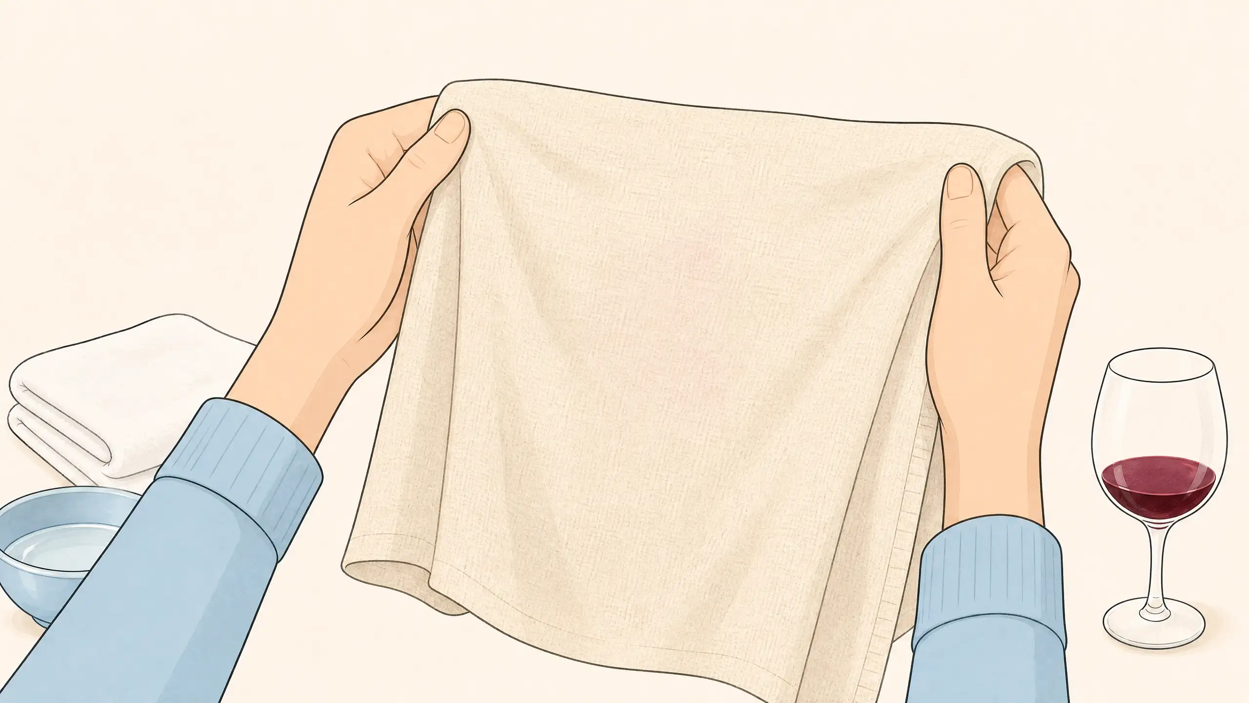Checking a fabric under light to confirm the wine stain is fully gone