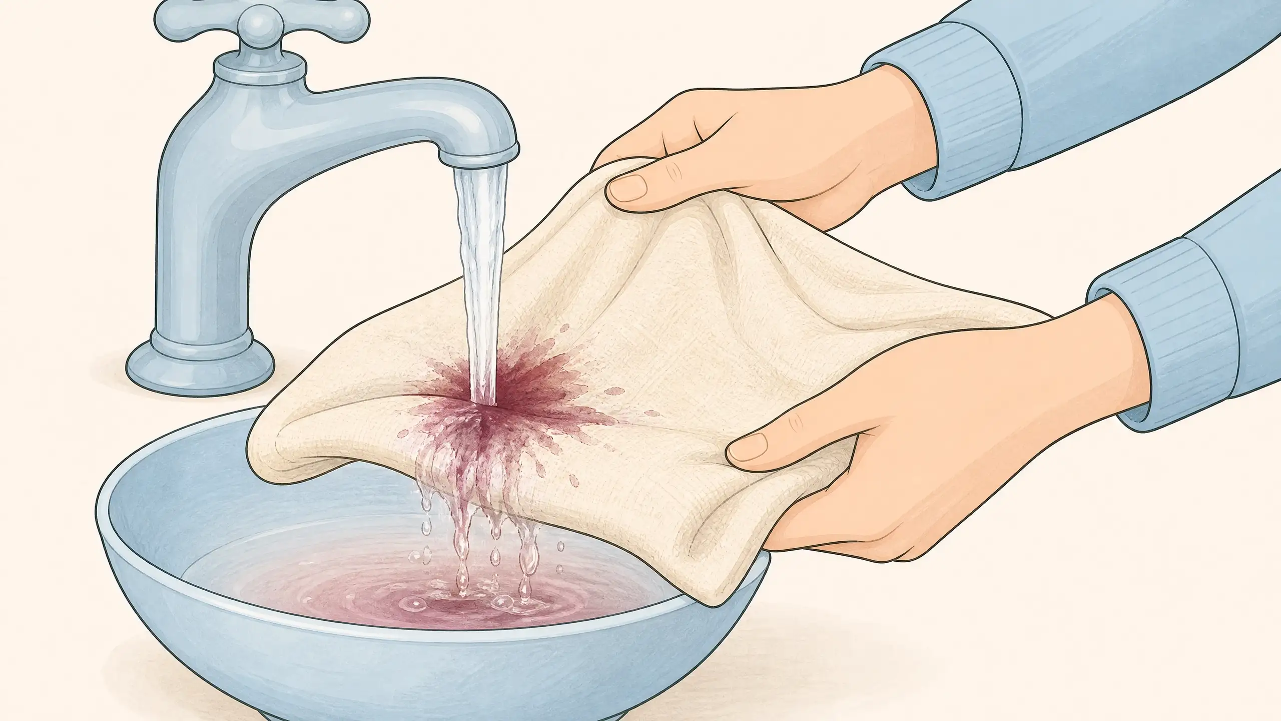 Cold water running through the back side of a wine-stained fabric