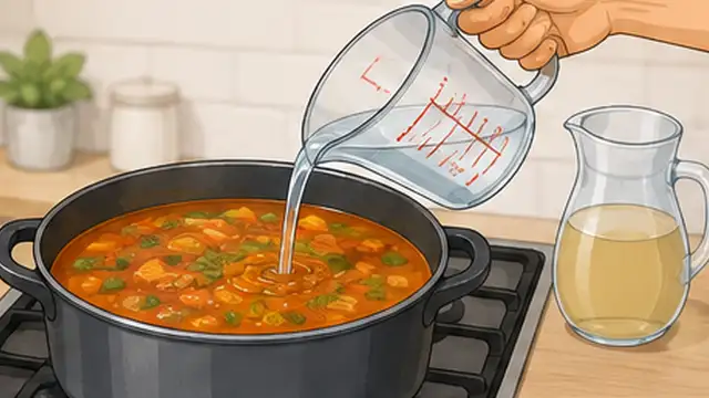 Cook adding unsalted liquid to a pot of salty soup to reduce the salt concentration.