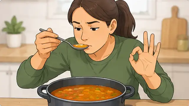Cook tasting an over-salted dish and setting the salt shaker aside.