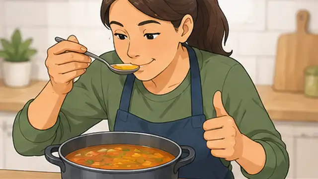 Cook tasting the corrected dish and checking that the seasoning is balanced before serving.