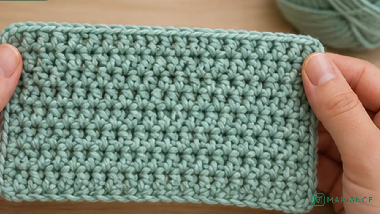 Corrected crochet fabric lying flat with straight edges after the uneven rows were redone.