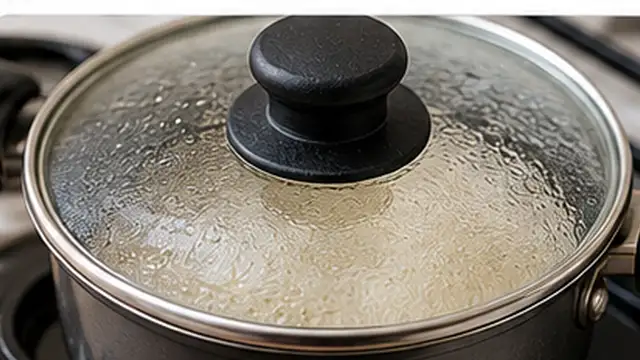 Covered pot of undercooked rice steaming gently on very low heat.