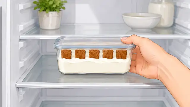 Covered yogurt and cookie dessert being placed in the refrigerator to chill overnight.