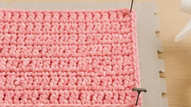 Crochet swatch pinned flat on a blocking mat while the edges are gently shaped.