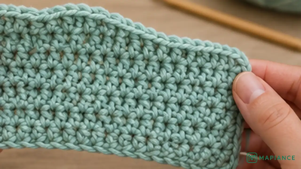 Crocheter counting stitches across a row to find where an uneven crochet edge begins.