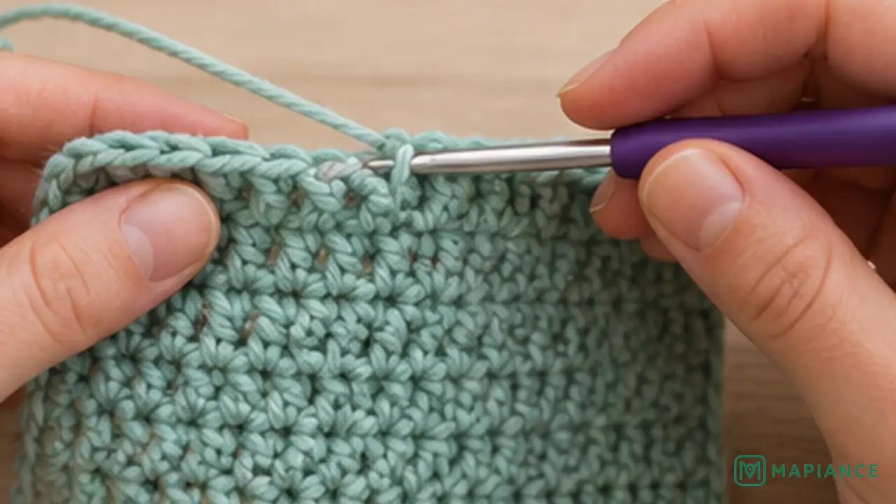 Crocheter keeping relaxed even tension while making the first stitch at the edge of a new row.