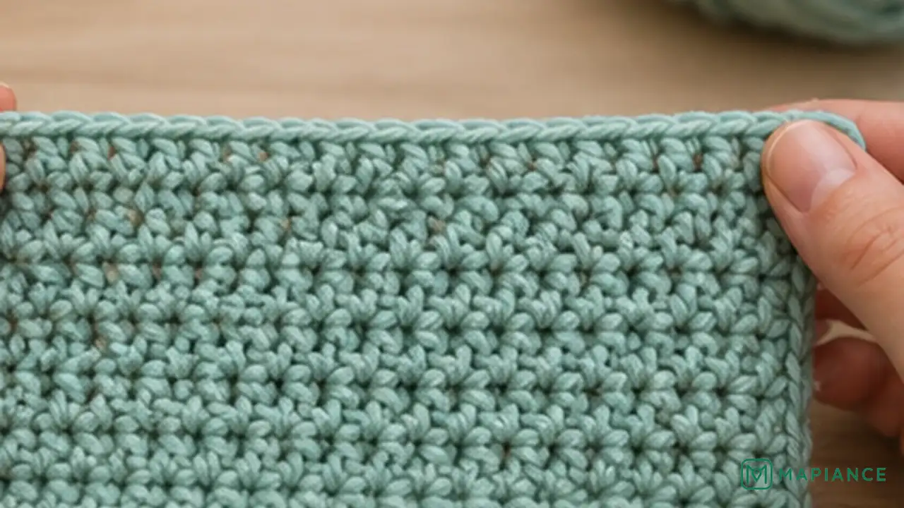 Crocheter undoing a few stitches to correct a missed or extra stitch at the row edge.