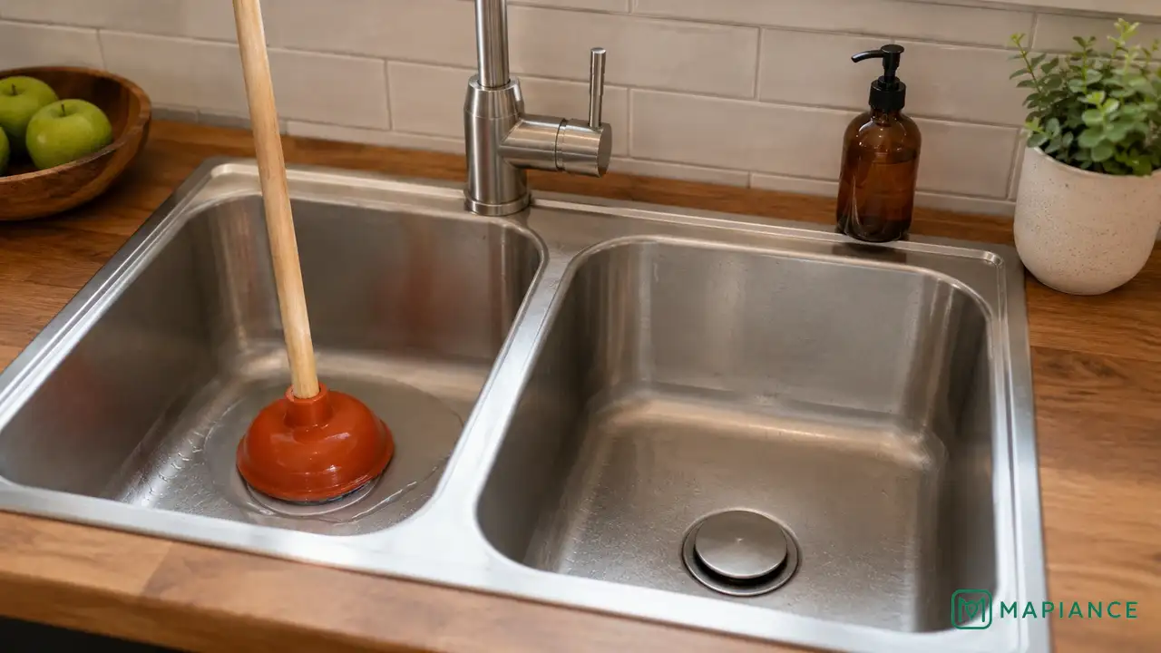 Cup plunger covering one kitchen sink drain while the second drain is sealed with a stopper.