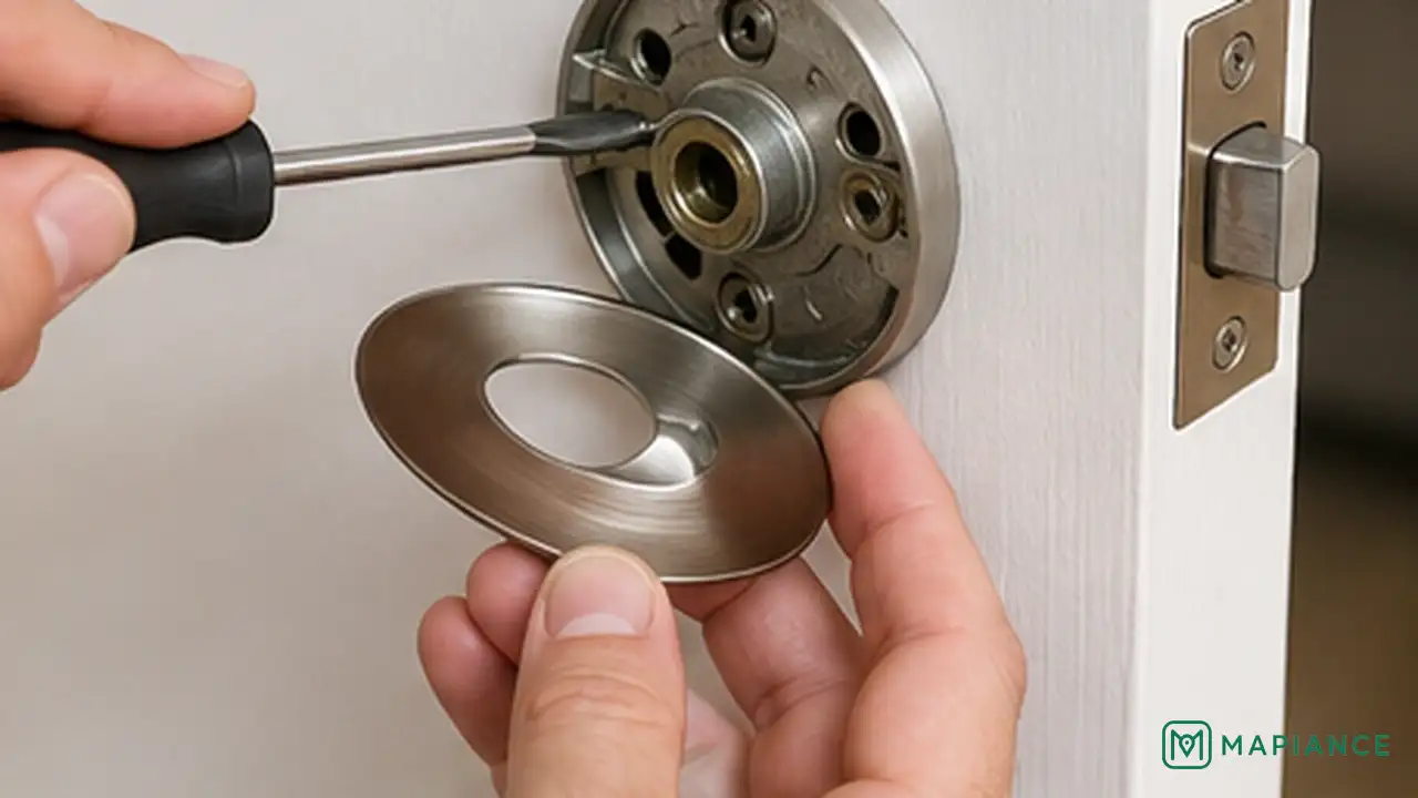 Decorative door handle cover plate removed to expose hidden mounting screws.