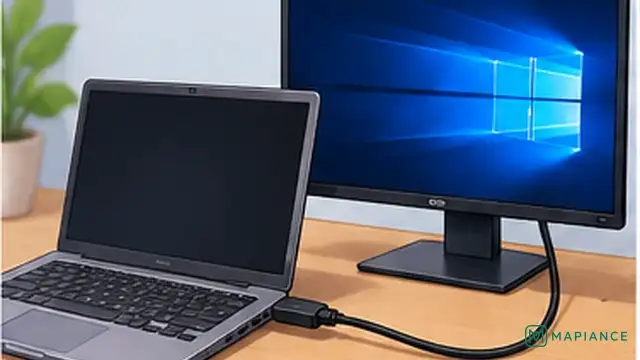 Powered laptop with a black built-in screen connected to an external monitor that shows an image.