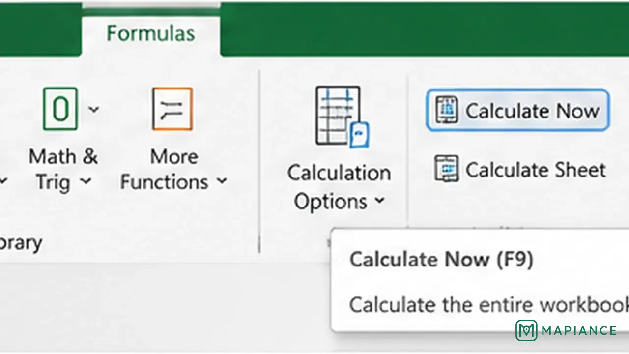 Excel spreadsheet recalculating formulas and updating result cells after calculation is triggered.