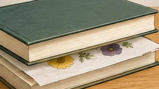 Flowers pressed separately between absorbent paper inside a heavy book under extra weight.