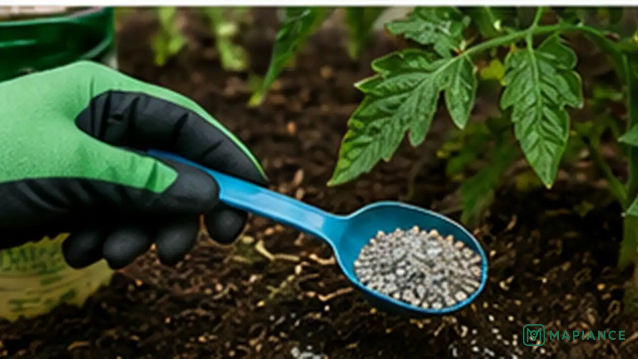 Gardener applying a measured amount of balanced tomato fertilizer around a yellowing tomato plant.