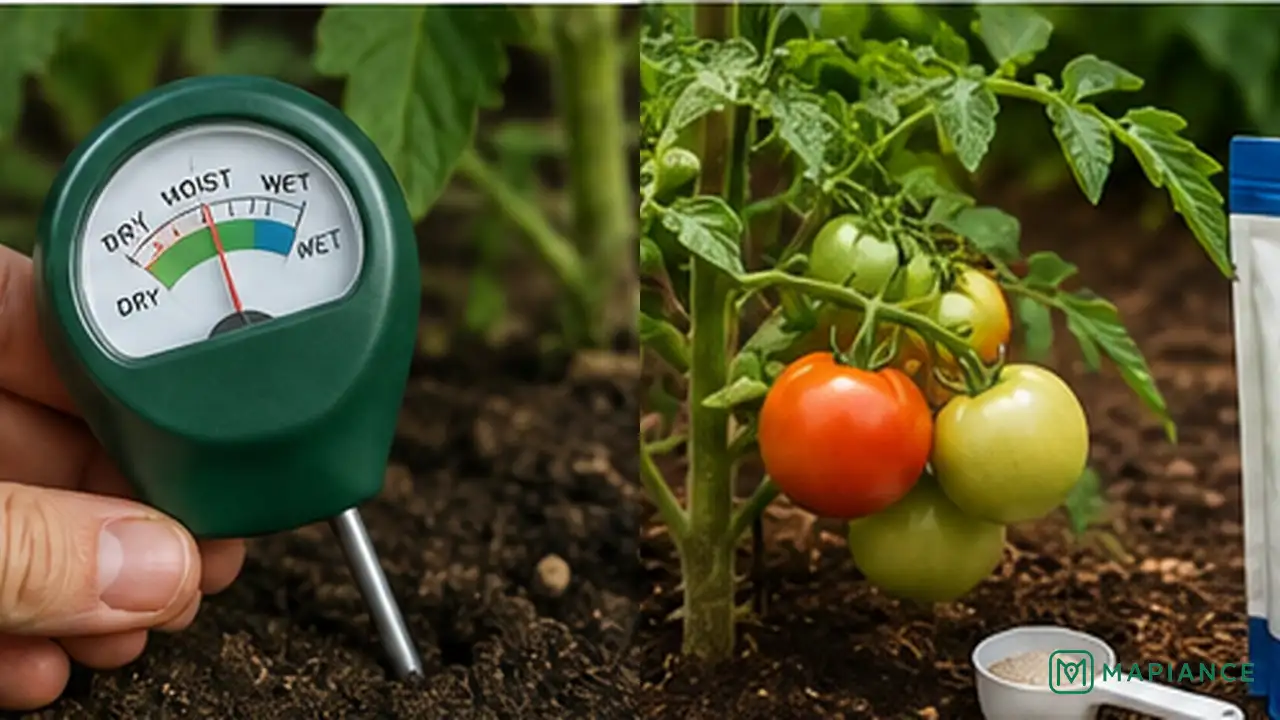 Gardener checking a soil test before adding calcium or fertilizer to a tomato plant with blossom end rot.