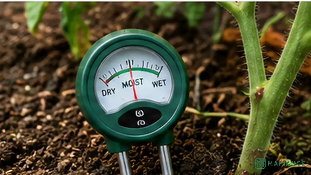 Gardener checking soil moisture beside a tomato plant before deciding whether to water.