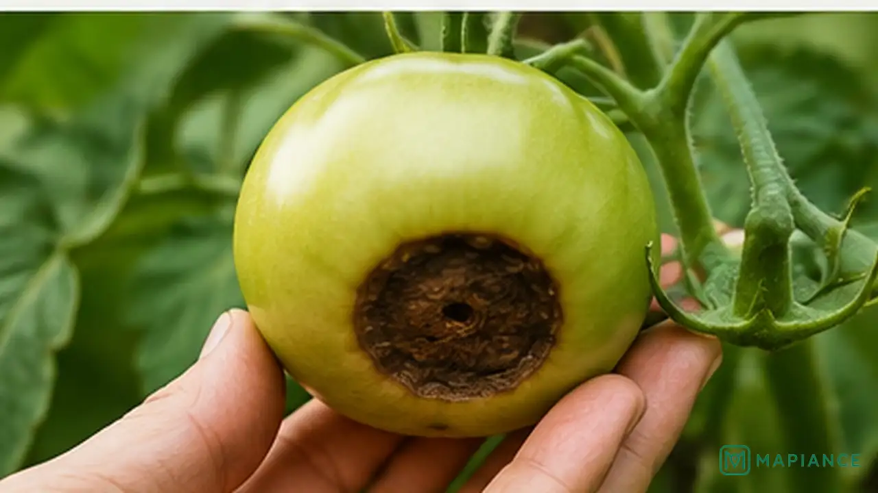 Gardener comparing a tomato with a dark sunken blossom end rot patch to a healthy tomato.