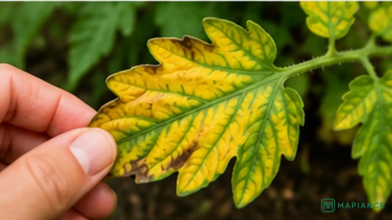 Gardener inspecting a tomato plant to see whether yellow leaves are on the lower or upper growth.