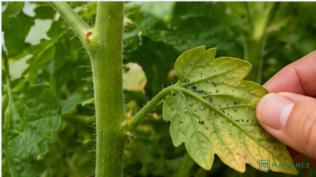 Gardener inspecting yellow tomato leaves for pests and disease spots before removing damaged foliage.