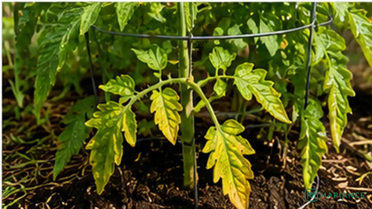Gardener pruning badly yellowed tomato leaves while leaving healthy green foliage and new growth.