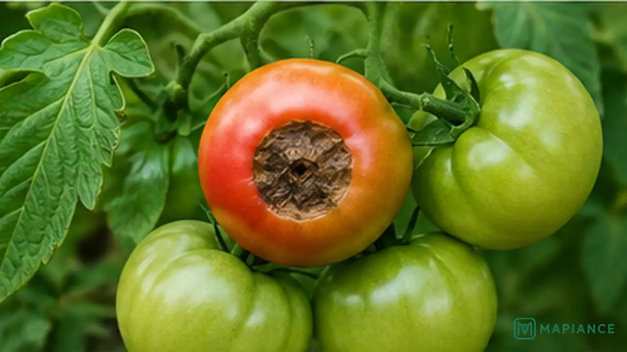 Gardener removing a tomato badly damaged by blossom end rot while leaving healthy fruit on the plant.
