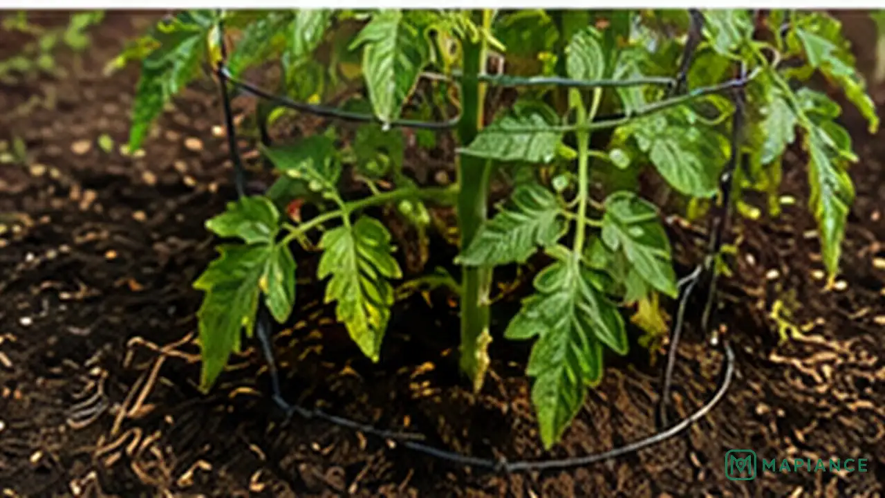Gardener watering the soil at the base of a tomato plant with mulch kept away from the stem.