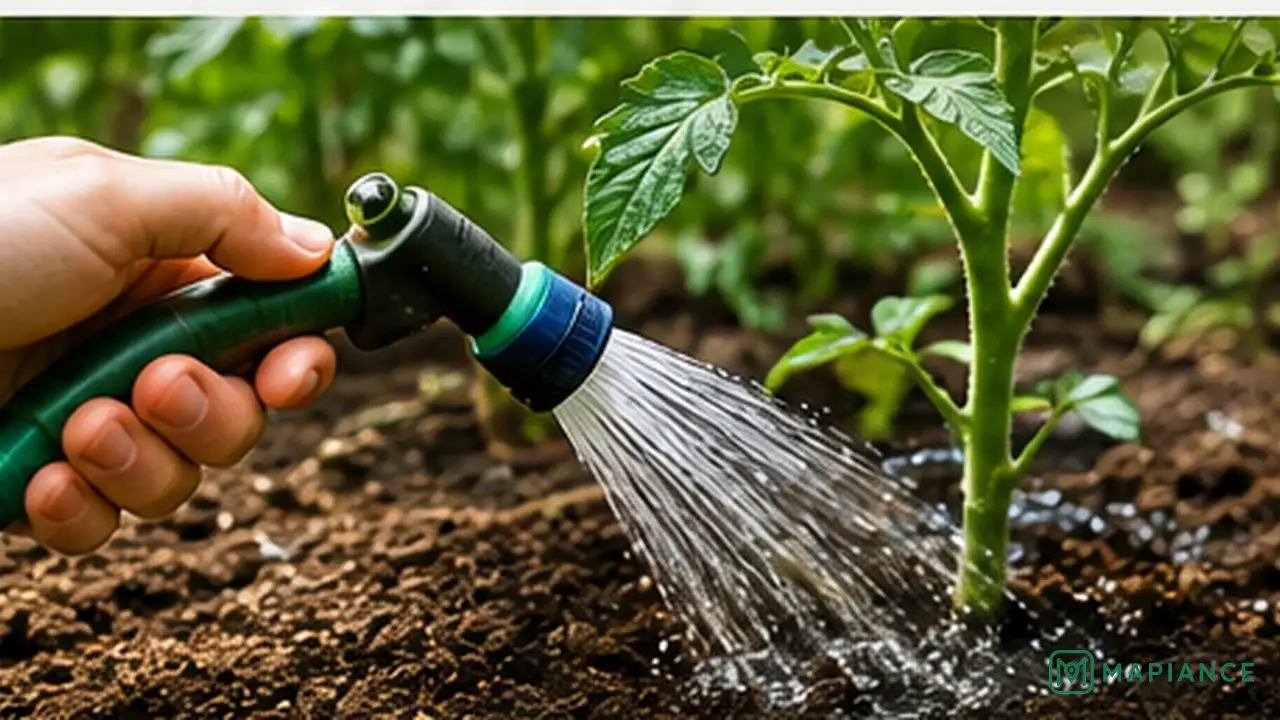 Gardener watering the tomato root zone evenly to prevent large swings between dry and wet soil.