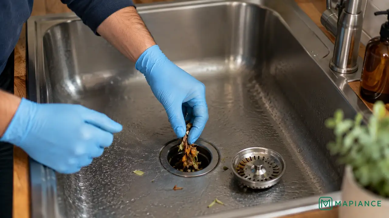 Gloved hands removing food scraps and debris from a clogged kitchen sink drain.