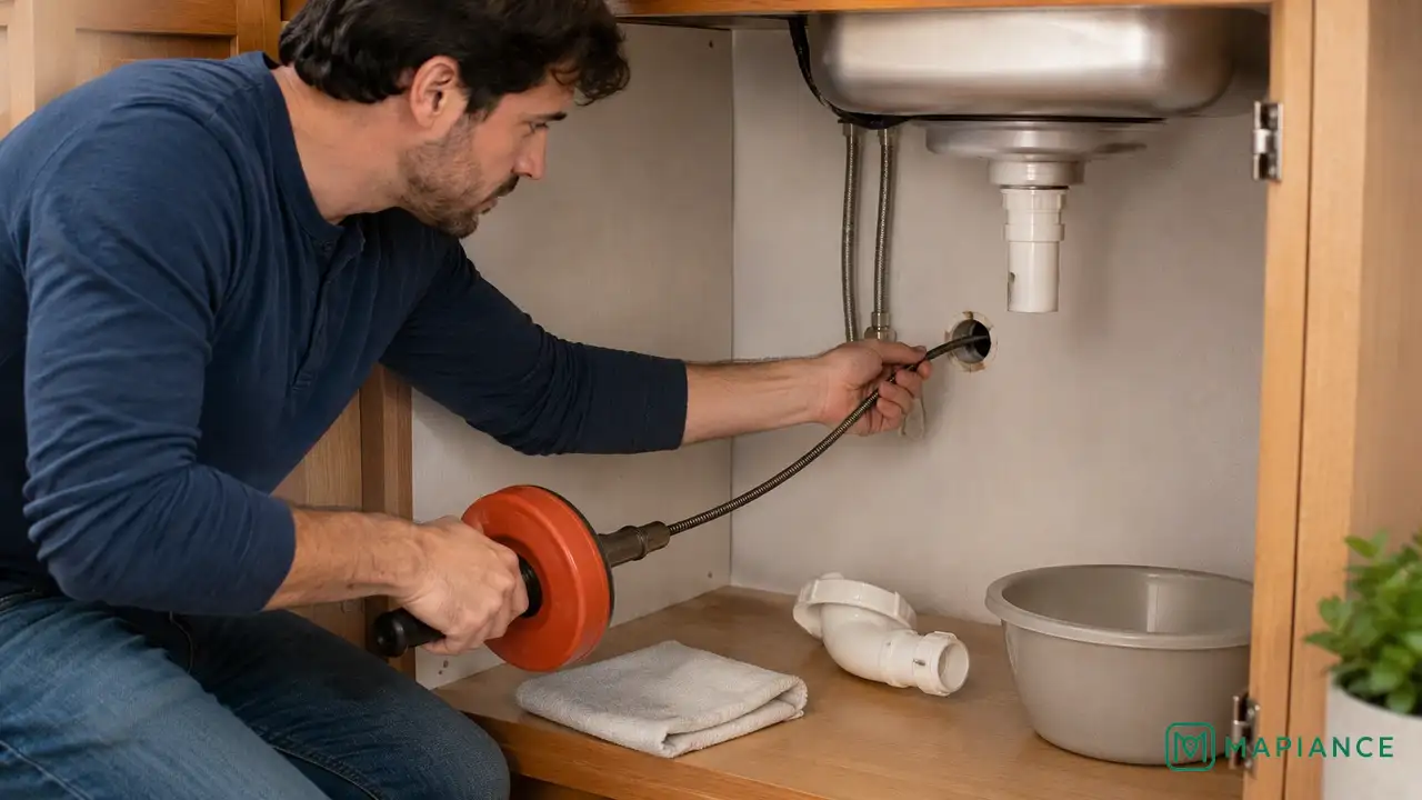 Hand drain auger being fed into the kitchen sink drain pipe after the P-trap is removed.