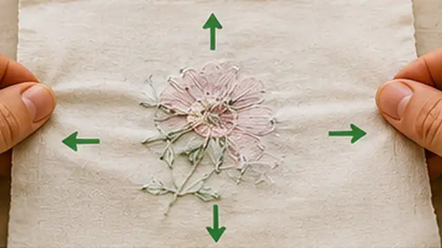 Hands gently reshaping slightly puckered embroidered fabric while it lies flat on a clean towel.