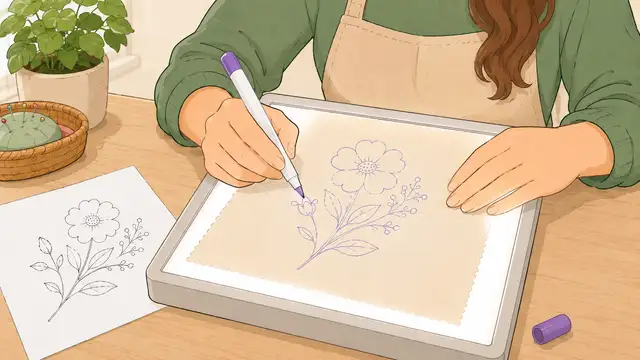 Hands positioning an embroidery pattern under fabric and securing the layers before transferring the design.