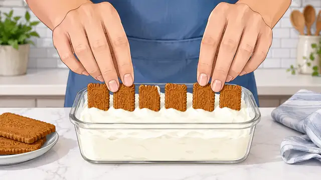 Hands pressing Biscoff cookie halves vertically into thick Greek yogurt until mostly covered.