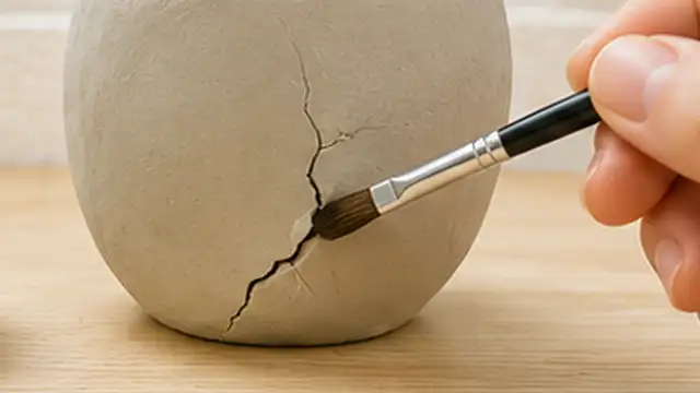 Hands pressing fresh air-dry clay into a narrow crack in a clay bowl.