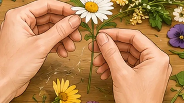 Hands trimming a flower stem and arranging the petals flat on absorbent paper before pressing.