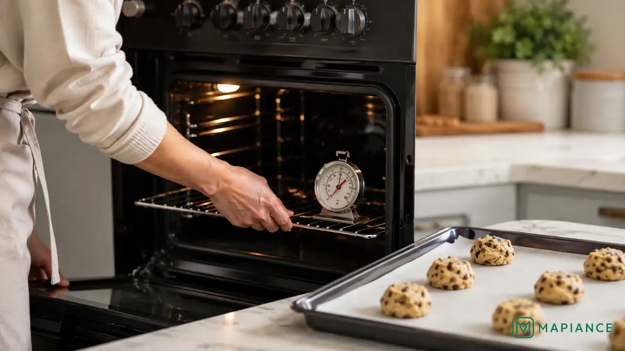 Home baker checking oven temperature with an oven thermometer before baking chilled cookie dough.