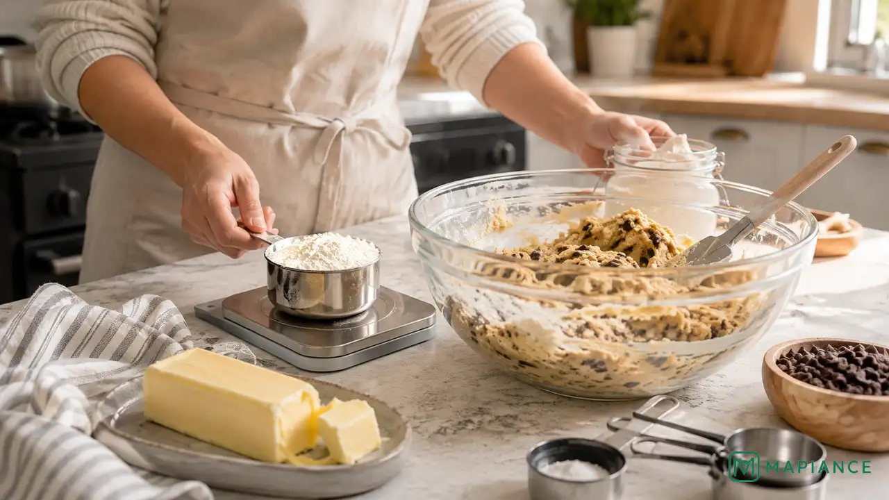Home baker checking softened butter and measuring flour accurately before adjusting cookie dough.
