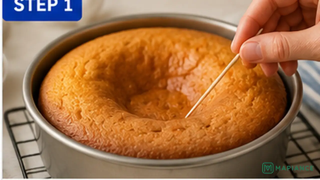 Home baker checking the center of a sunken cake with a skewer to see whether it is still underbaked.