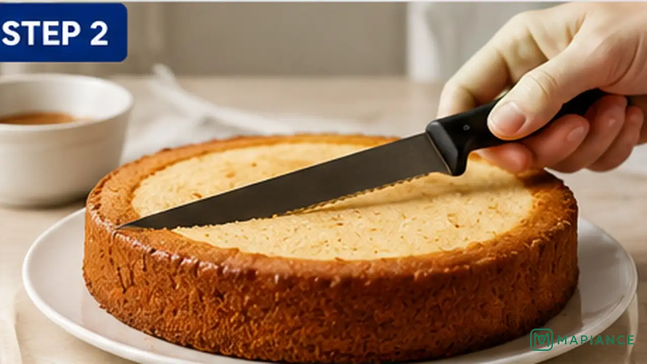 Home baker leveling the raised edge of a cooled sunken cake with a serrated knife.