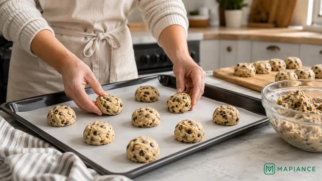 Home baker placing one test portion of cookie dough on a cool parchment-lined baking sheet.