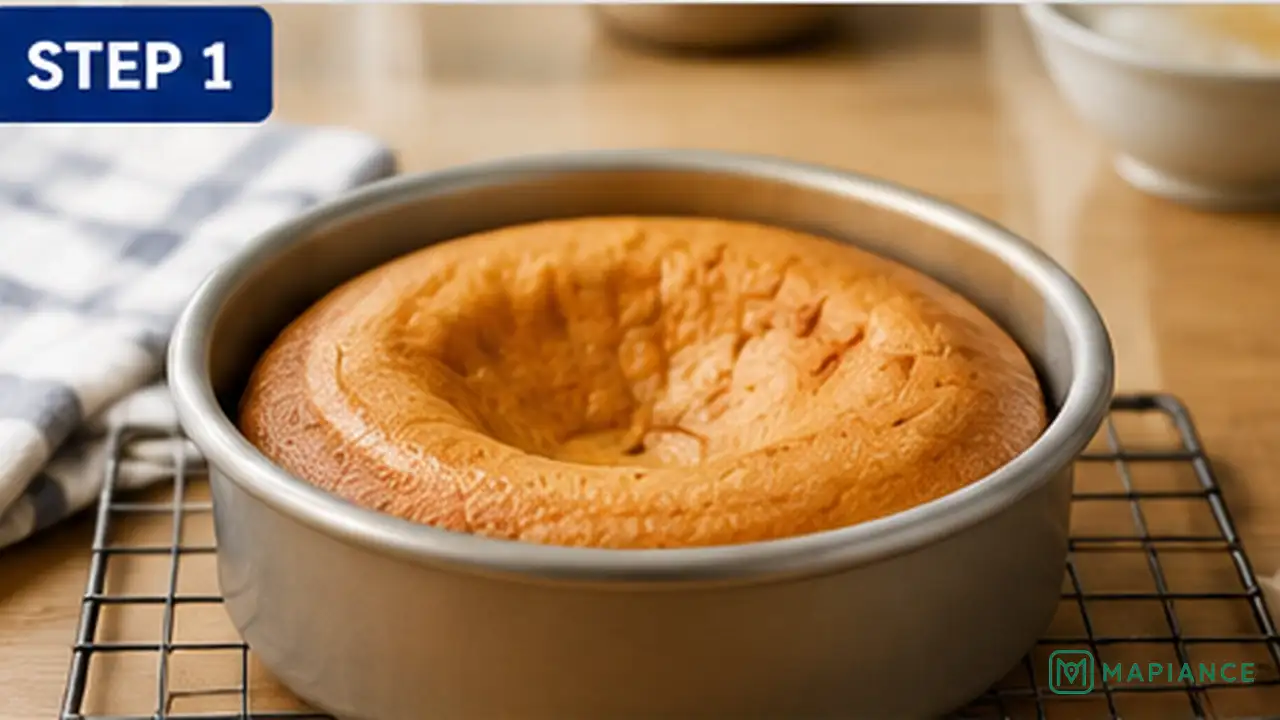 Home baker returning a still-warm underbaked cake to the oven for a short extra bake.