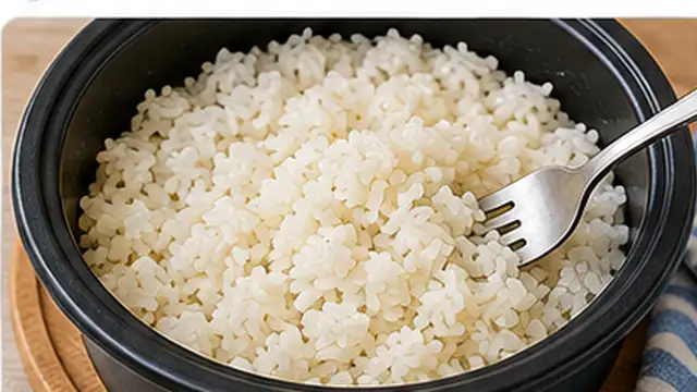 Home cook fluffing rice with a fork after letting the covered pot rest.
