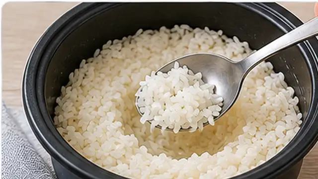 Home cook tasting rice and checking whether any water remains in the pot.