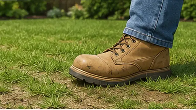 Homeowner checking a thin hard patch of lawn for signs of compacted soil.