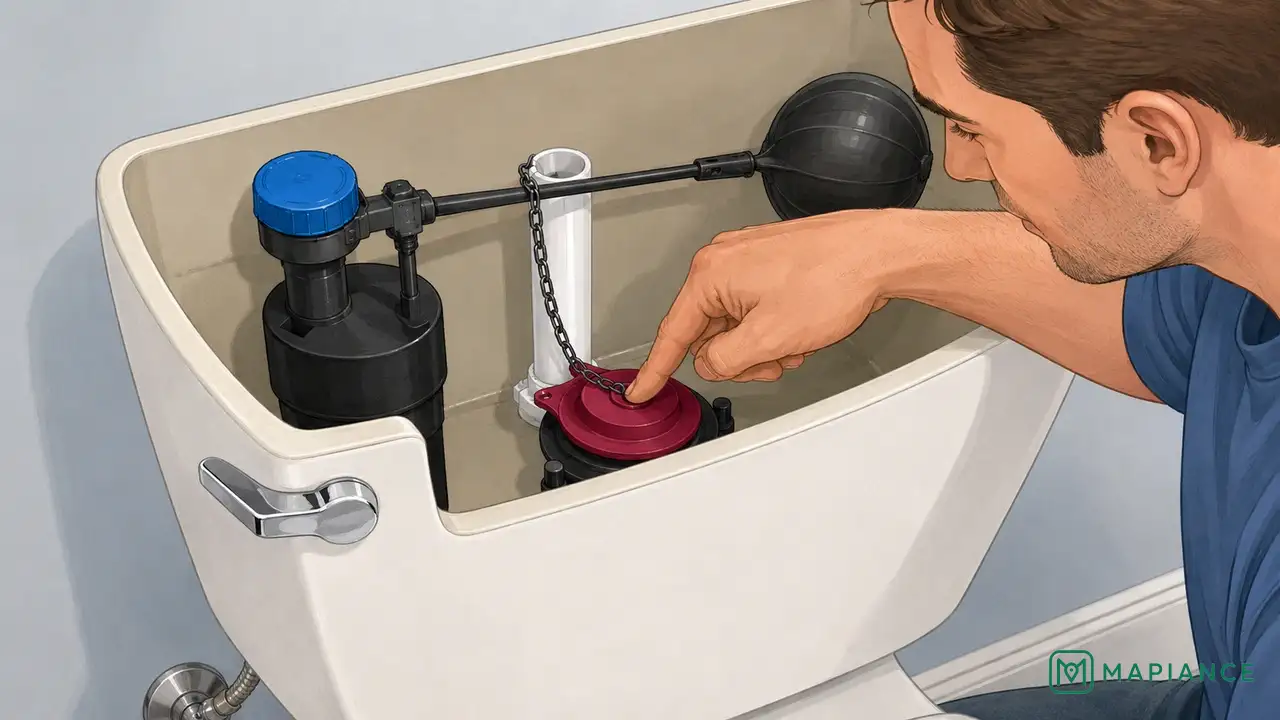 Homeowner checking that the toilet flapper sits flat and seals the flush valve opening.
