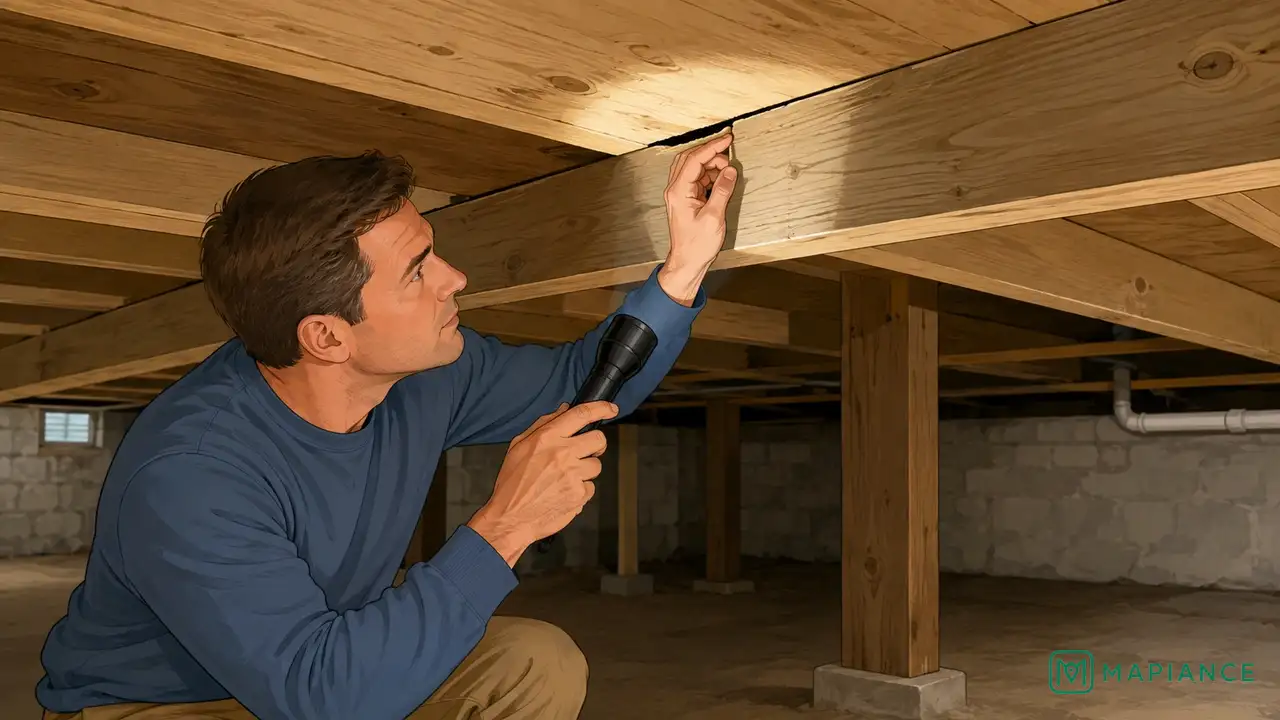 Homeowner checking the underside of a squeaky floor for a gap between the subfloor and joist.