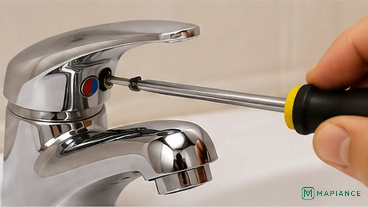 Homeowner covering the sink drain and removing the faucet handle with a screwdriver.
