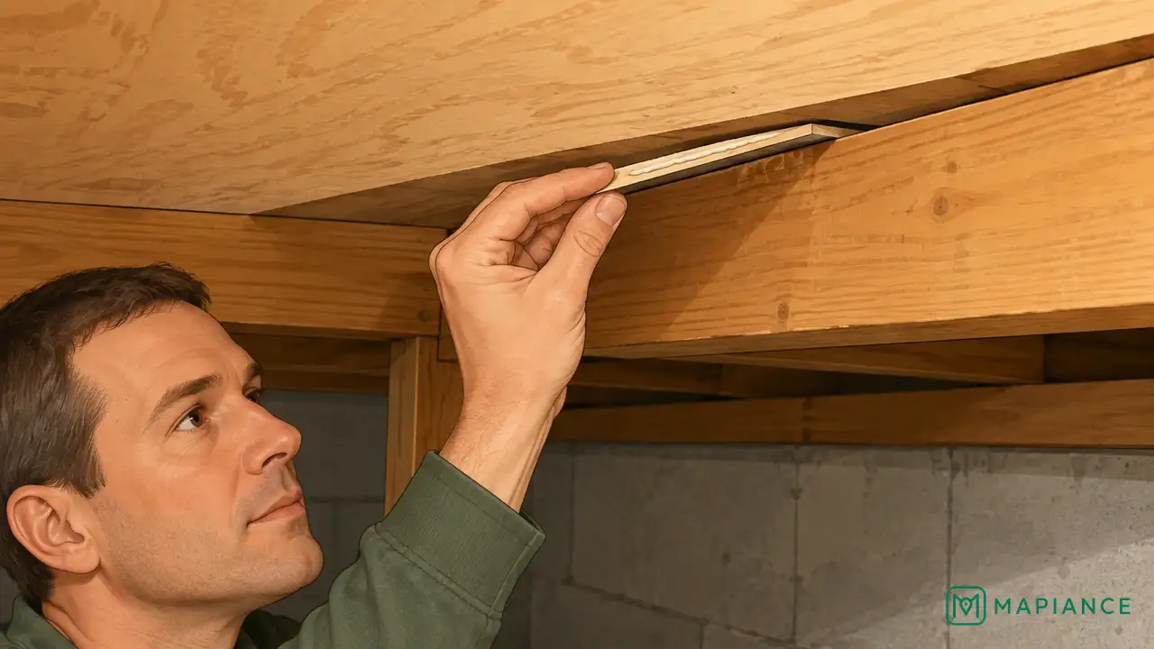 Homeowner gently inserting an adhesive-coated wood shim into a small subfloor-to-joist gap.